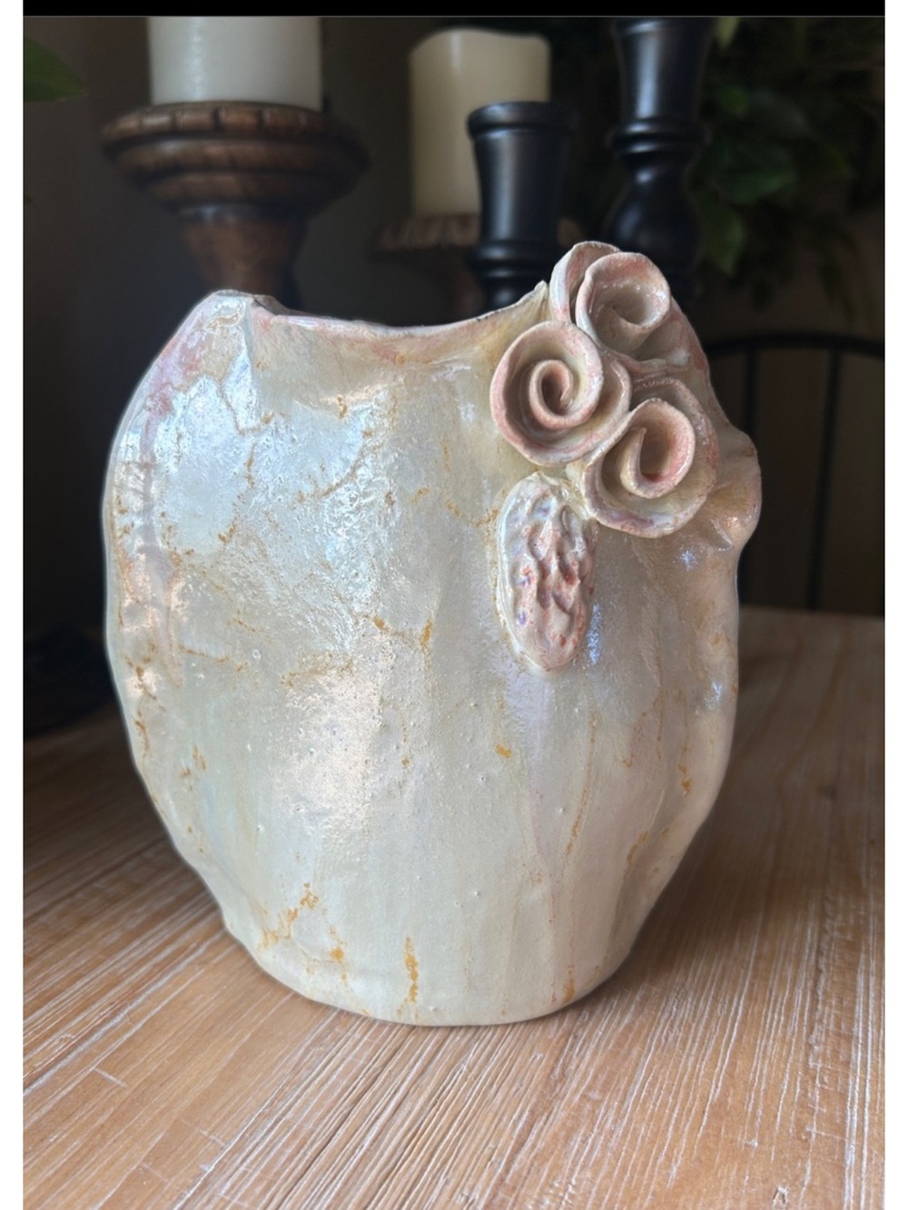 Gudrun Pottery Artist Signed Brutalist Vase 3D Roses Lusterware Glaze